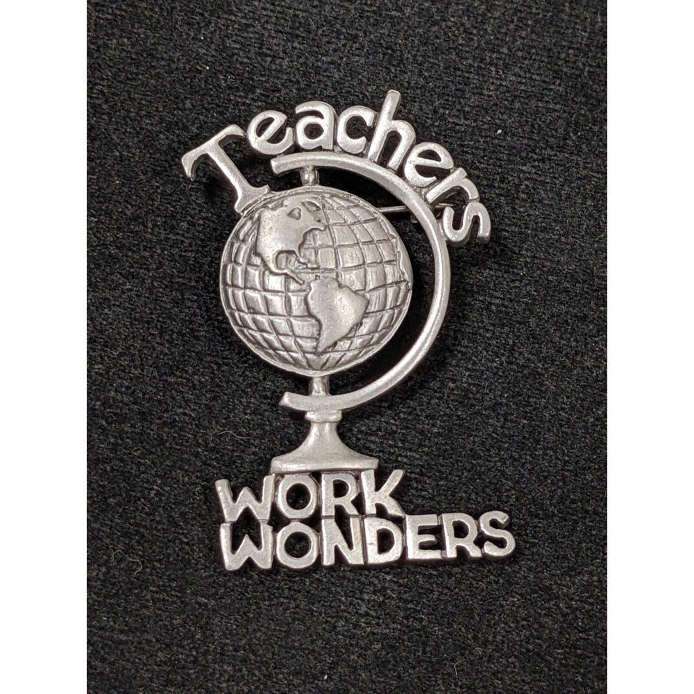 Vintage REN Signed Teachers Globe Silver Tone Pin Brooch Work Wonders